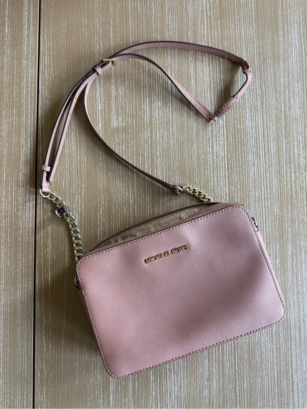 Michael Kors Dusty Pink Leather Crossbody Camera Bag with Gold Hardware